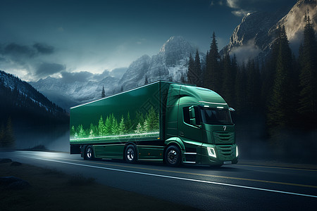 山间绿色公路上的未来能源送货卡车图片