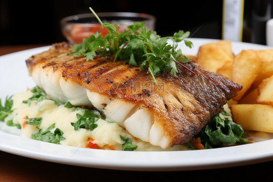 美味的鱼和土豆盘在桌上图片