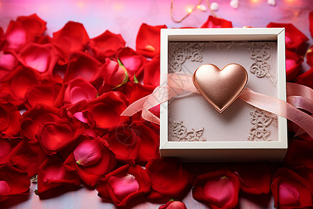 玫瑰花瓣上的爱心礼盒图片