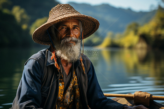 戴草帽的老年渔夫图片