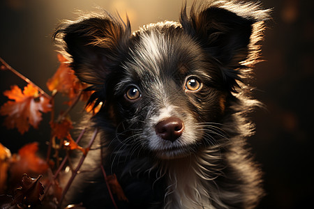 秋叶旁的可爱小狗图片