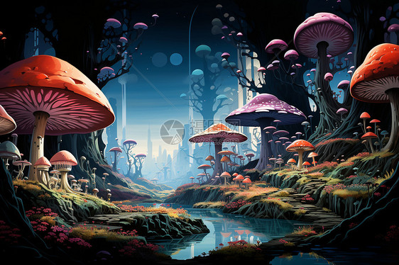 精彩奇幻的蘑菇绘画图片