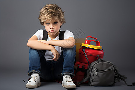 不开心的小男孩背着书包坐在地上图片