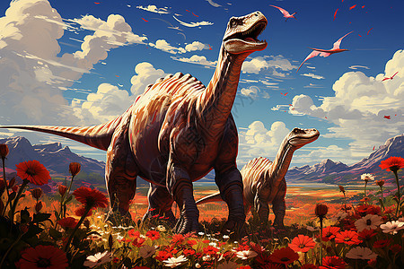 在草地上漫步的长颈恐龙图片