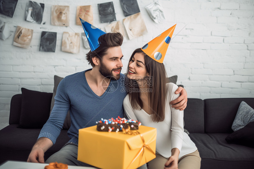 戴着生日蛋糕和派对帽坐在沙发上的一对男女图片