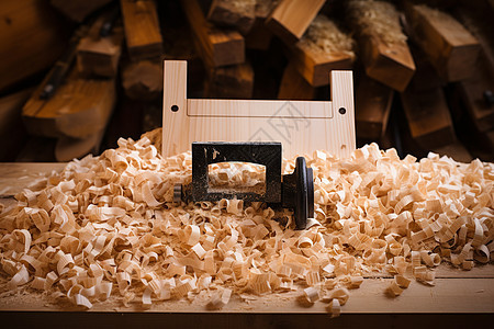 木工工作台上的机器和锯屑图片