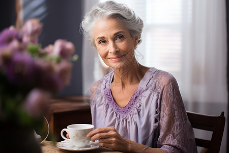 老年女士坐在左边喝咖啡图片