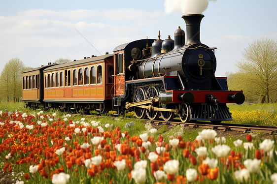 火车穿越花草丛生的田园图片