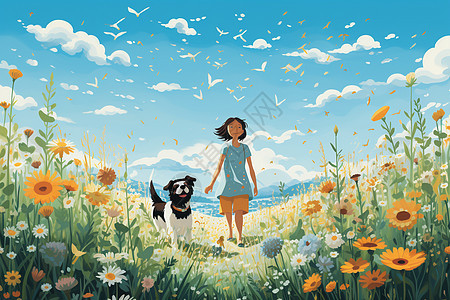 女孩和狗漫步草原图片
