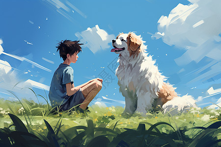 草坪上的男孩和狗图片