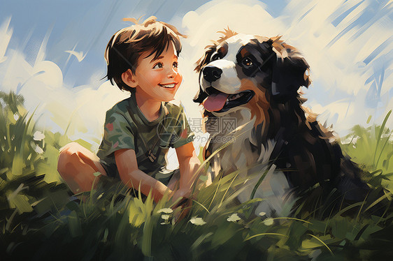 男孩与狗一起坐在草地上图片