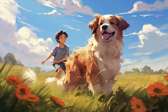小男孩和狗在草地玩耍图片