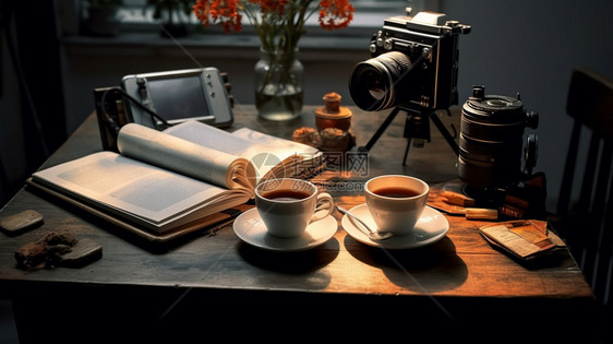 桌上的相机和咖啡图片