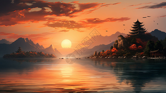 夕阳映照在江面上背景图片