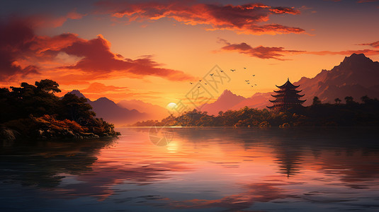 夕阳下的江水图片