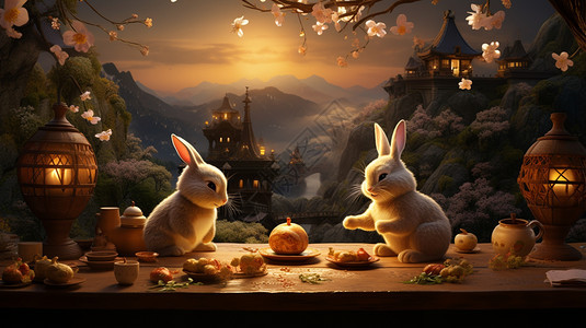 桌子上两只兔子吃月饼背景图片