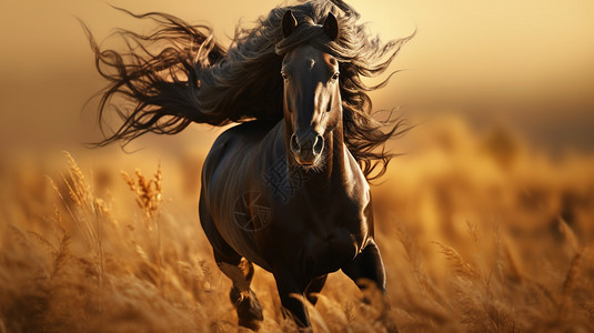 秋天草原上奔跑的黑马图片