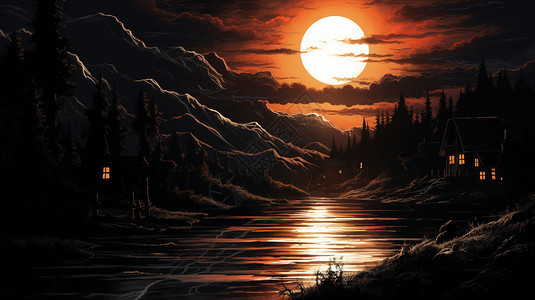河流上映照的夕阳背景图片