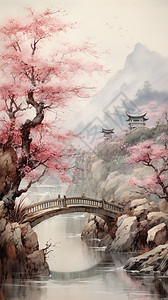 桃花树下的小桥图片