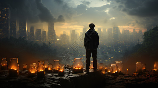 男人站在山上俯瞰城市图片