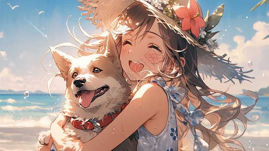 海滩上抱着小狗的女孩图片