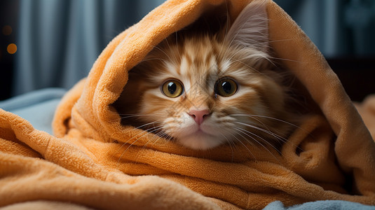猫咪裹在毛巾里图片