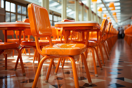醒目的橙色塑料桌椅图片