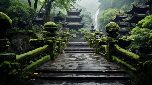 布满苔藓的寺庙道路图片