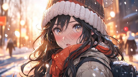 雪地里戴着帽子的女孩图片
