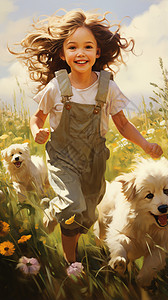 小女孩喝够奔跑在野花丛中图片