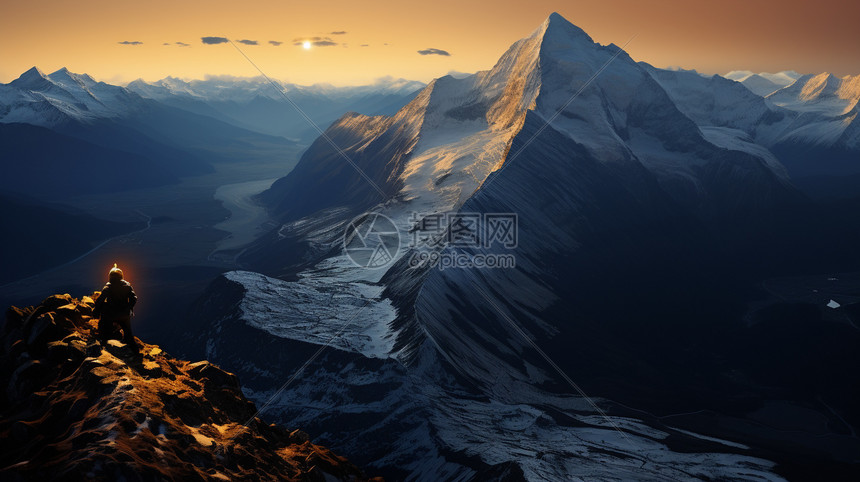 站在山顶看日出的登山者图片