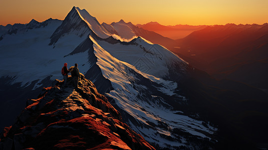 山脉插画登山者在山顶看日出背景