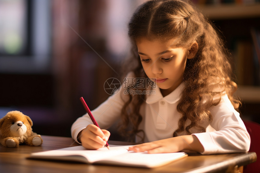女孩在书桌上写作图片