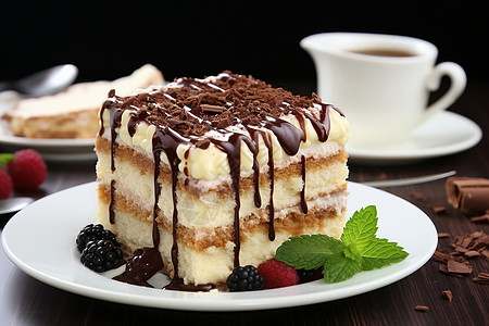 餐盘中的巧克力覆盆子蛋糕图片