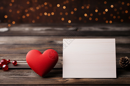 木桌上的爱心和贺卡背景图片