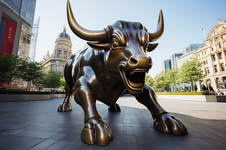 都市中的铜牛雕像背景图片