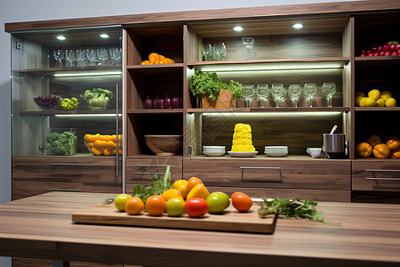 现代厨房的玻璃木质展示柜图片