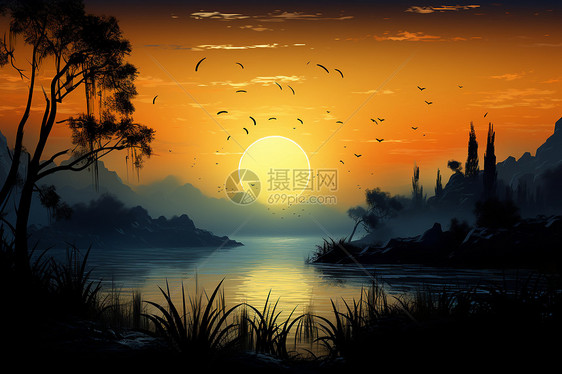 静谧的夜晚夕阳景观图片