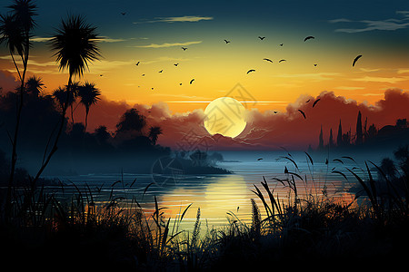 湖畔的黄昏景观插图图片