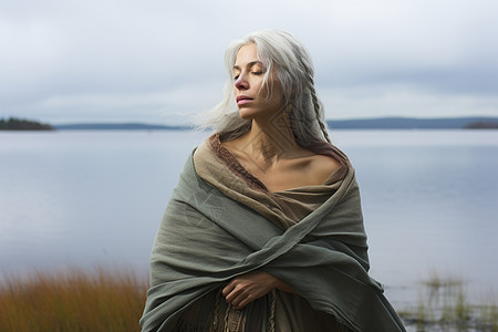 秋季湖畔的白发女子图片