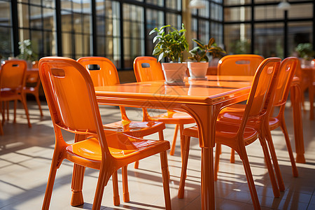 校园餐厅的橙色桌椅图片