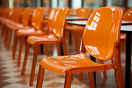 现代校园餐厅的橙色桌椅图片
