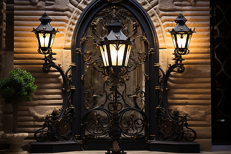 传统的金属雕花铁门高清图片