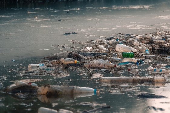 河边漂浮的塑料瓶图片