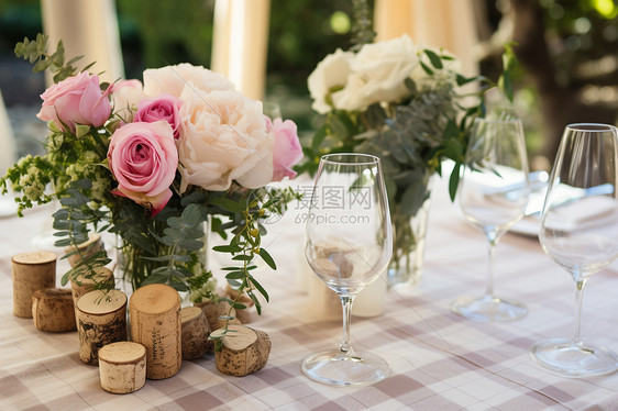 浪漫花束的婚礼餐桌布置图片