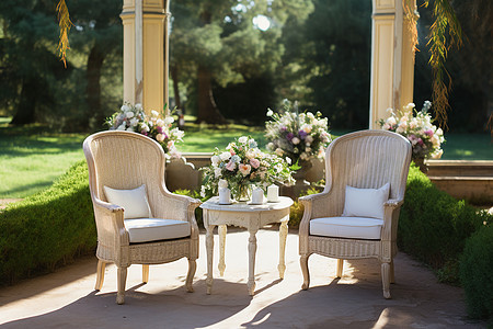 别墅庭院中的欧式桌椅背景图片