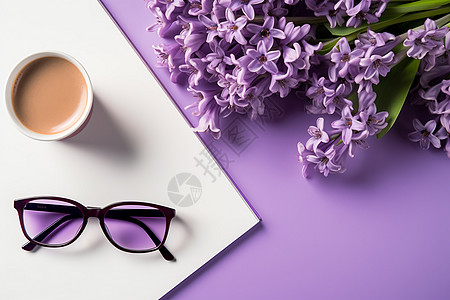 紫色背景上的墨镜和咖啡图片