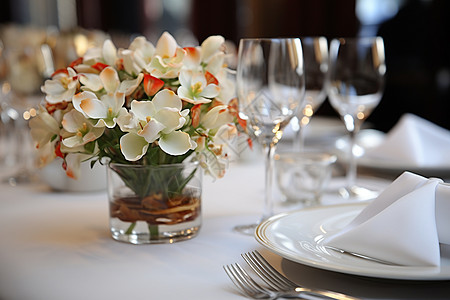 宴会上的餐桌鲜花装饰图片