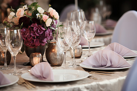 鲜花装饰的宴会餐桌图片