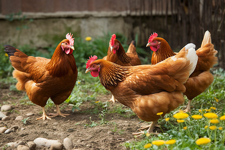 土地中觅食的鸡群背景图片